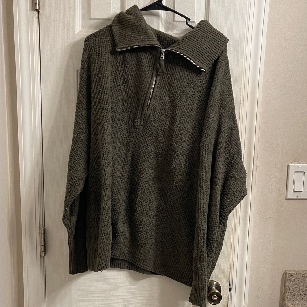 AERIE Quarter-Zip Dark Green Collared Sweater Large